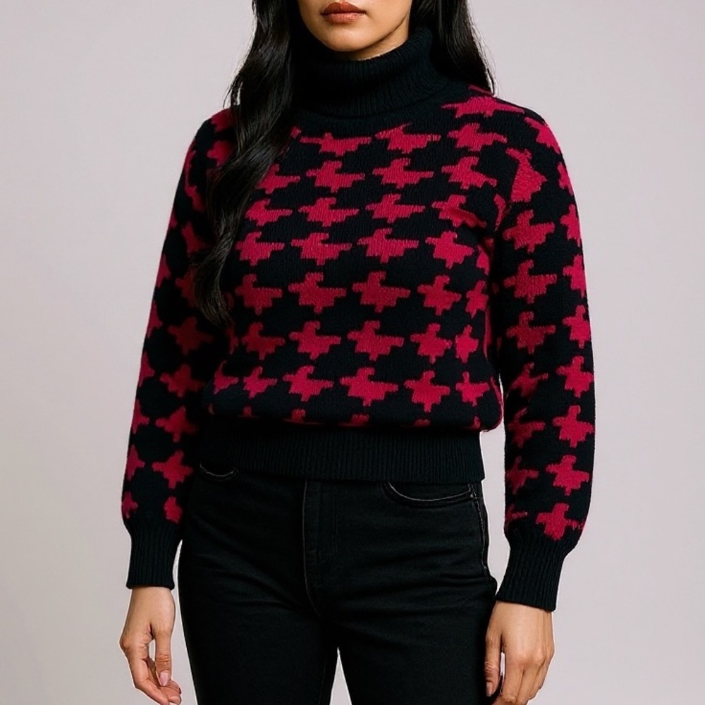 Vintage Jones New York Wool Houndstooth Turtleneck Sweater in Navy & Fuschia